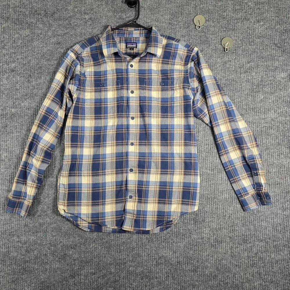 Patagonia Plaid‎ Button Up Shirt Medium Organic Cotton Blue Tan Outdoor Hiking